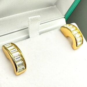 Vintage CHRISTIAN DIOR RHINESTONE BAGUETTE GOLD Half Hoop EARRINGS - Authentic